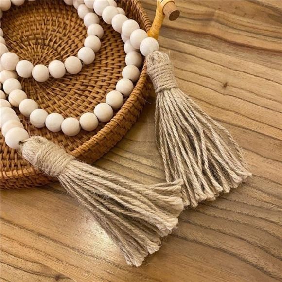 Farmhouse Beads 58in Wood Bead Garland with Tassels Rustic Country Decor - Picture 4 of 6